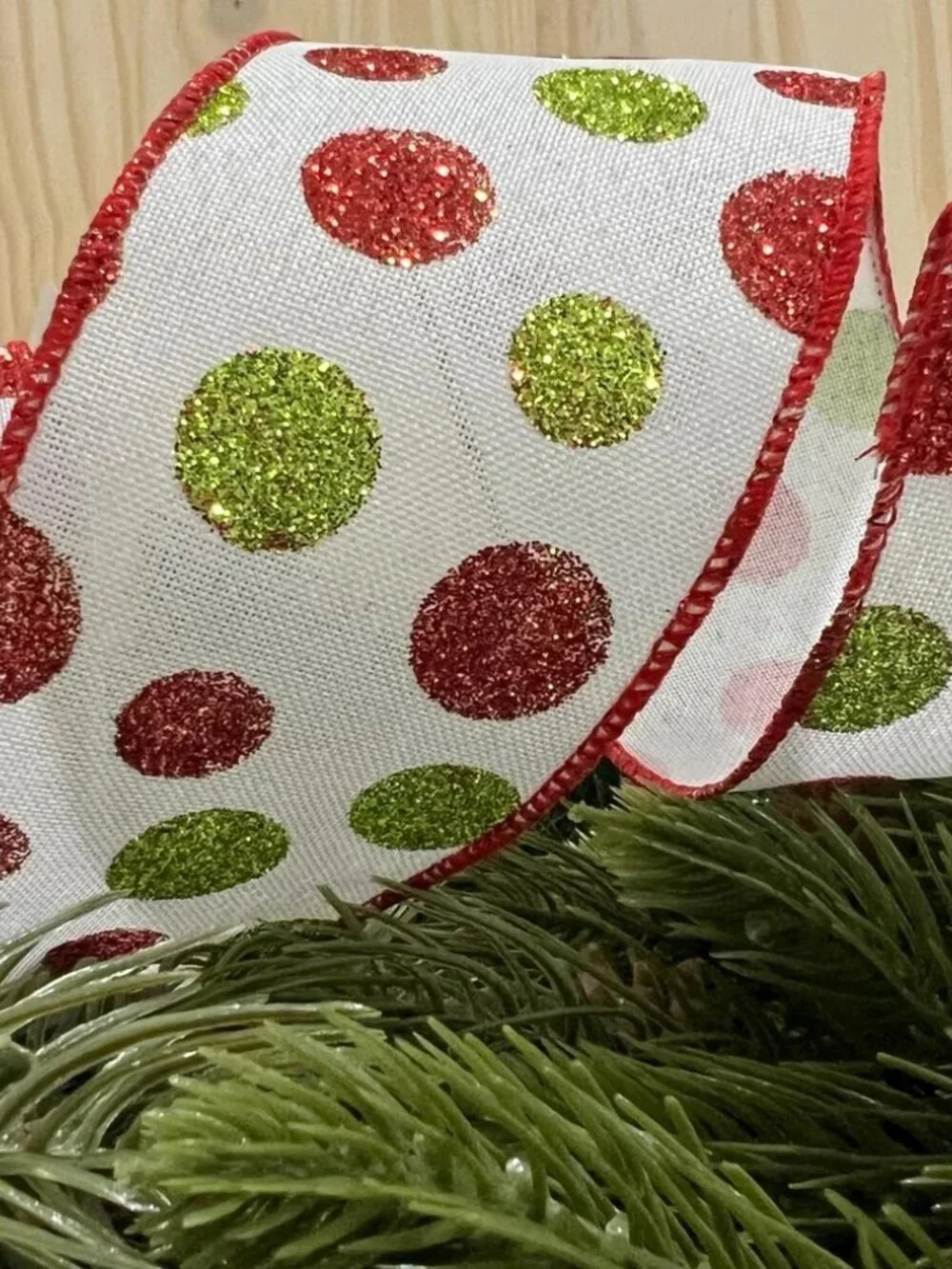 2.5 inch Green and Red Glittered Polka Dots Wired Christmas Ribbon Crafts